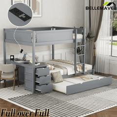 Bellemave® Full Over Full Bunk Bed with Twin Size Trundle, Wood Full Bunk Bed with USB Ports, Storage & Desk - Bellemave