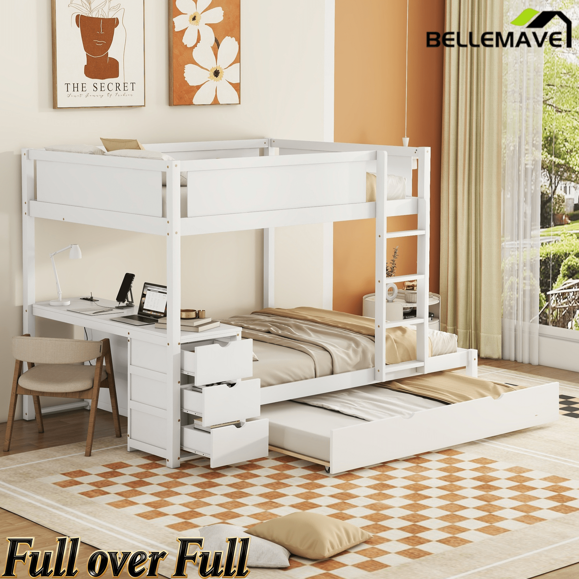 Bellemave® Full Over Full Bunk Bed with Twin Size Trundle, Wood Full Bunk Bed with USB Ports, Storage & Desk - Bellemave