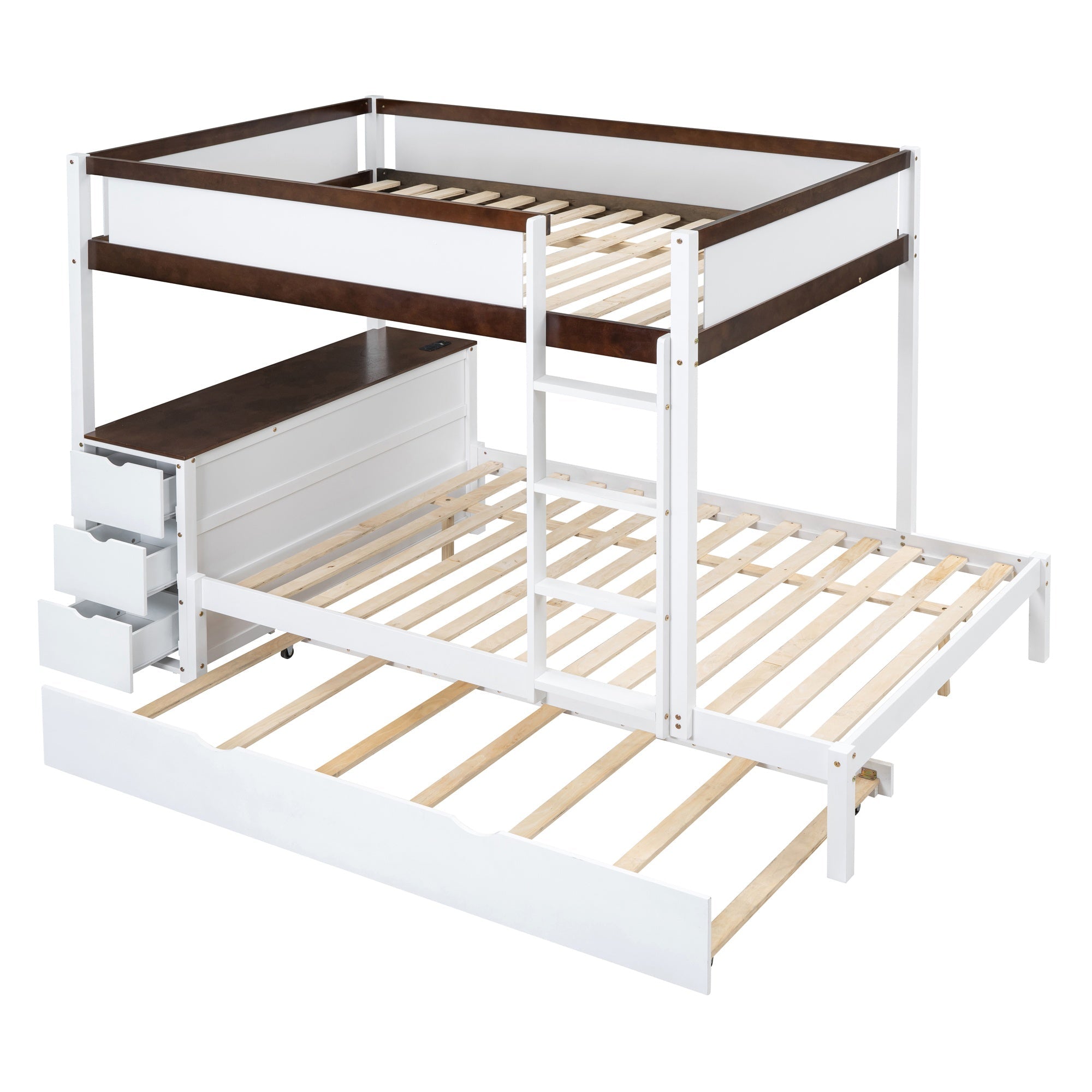 Bellemave® Full Over Full Bunk Bed with Twin Size Trundle, Wood Full Bunk Bed with USB Ports, Storage & Desk - Bellemave
