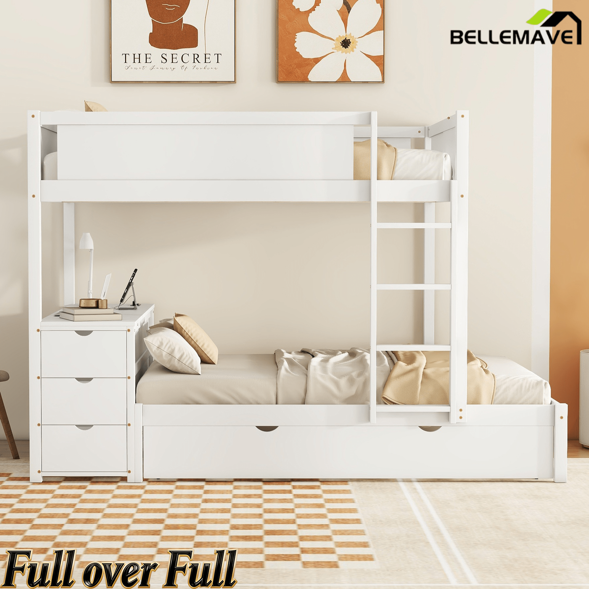 Bellemave® Full Over Full Bunk Bed with Twin Size Trundle, Wood Full Bunk Bed with USB Ports, Storage & Desk - Bellemave