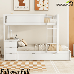 Bellemave® Full Over Full Bunk Bed with Twin Size Trundle, Wood Full Bunk Bed with USB Ports, Storage & Desk - Bellemave