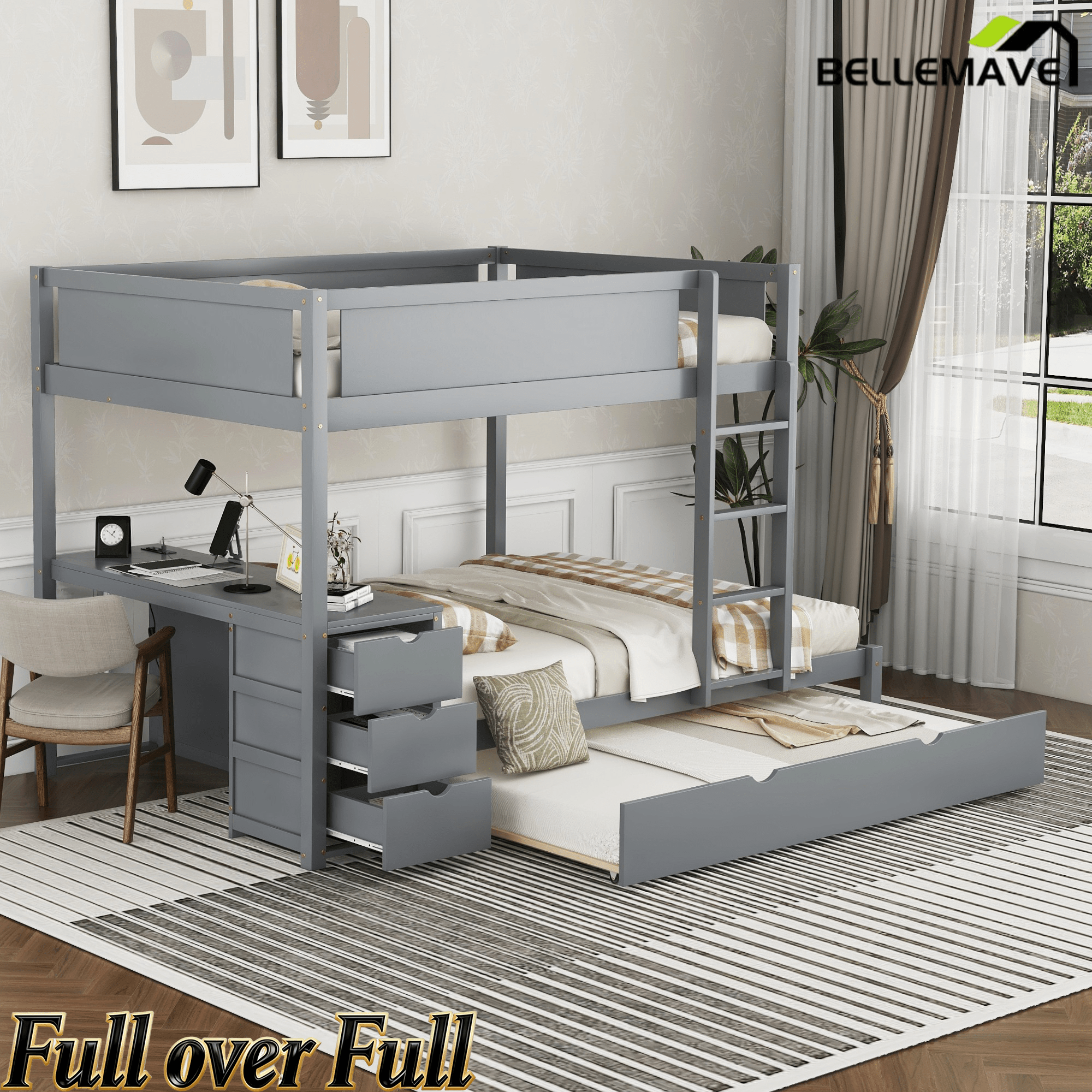 Bellemave® Full Over Full Bunk Bed with Twin Size Trundle, Wood Full Bunk Bed with USB Ports, Storage & Desk - Bellemave
