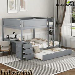 Bellemave® Full Over Full Bunk Bed with Twin Size Trundle, Wood Full Bunk Bed with USB Ports, Storage & Desk - Bellemave
