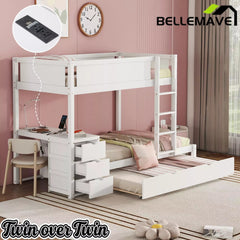 Bellemave® Full Over Full Bunk Bed with Twin Size Trundle, Wood Full Bunk Bed with USB Ports, Storage & Desk - Bellemave