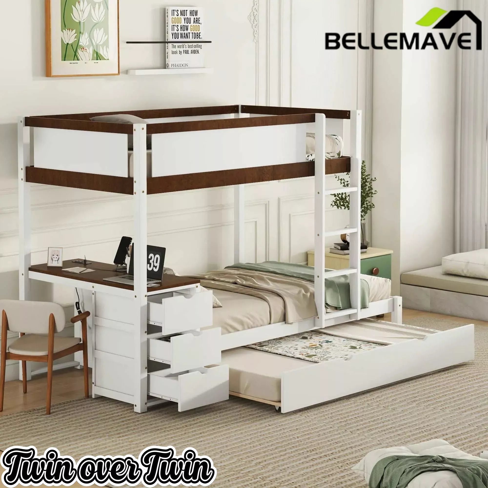 Bellemave® Full Over Full Bunk Bed with Twin Size Trundle, Wood Full Bunk Bed with USB Ports, Storage & Desk - Bellemave