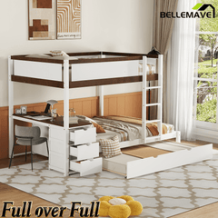 Bellemave® Full Over Full Bunk Bed with Twin Size Trundle, Wood Full Bunk Bed with USB Ports, Storage & Desk - Bellemave