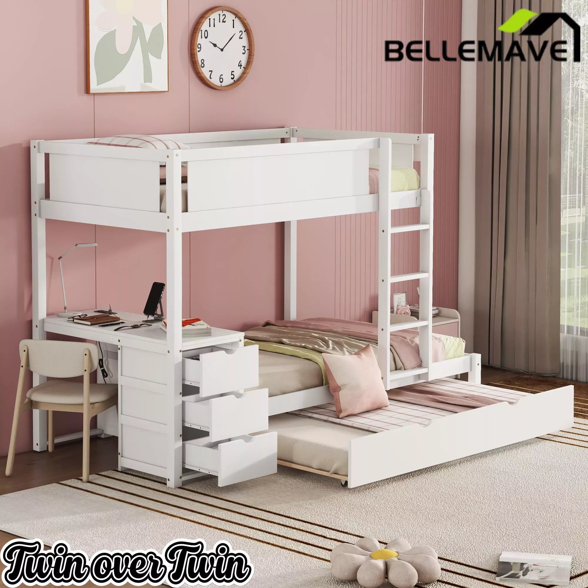 Bellemave® Full Over Full Bunk Bed with Twin Size Trundle, Wood Full Bunk Bed with USB Ports, Storage & Desk - Bellemave
