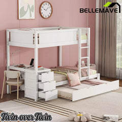 Bellemave® Full Over Full Bunk Bed with Twin Size Trundle, Wood Full Bunk Bed with USB Ports, Storage & Desk - Bellemave