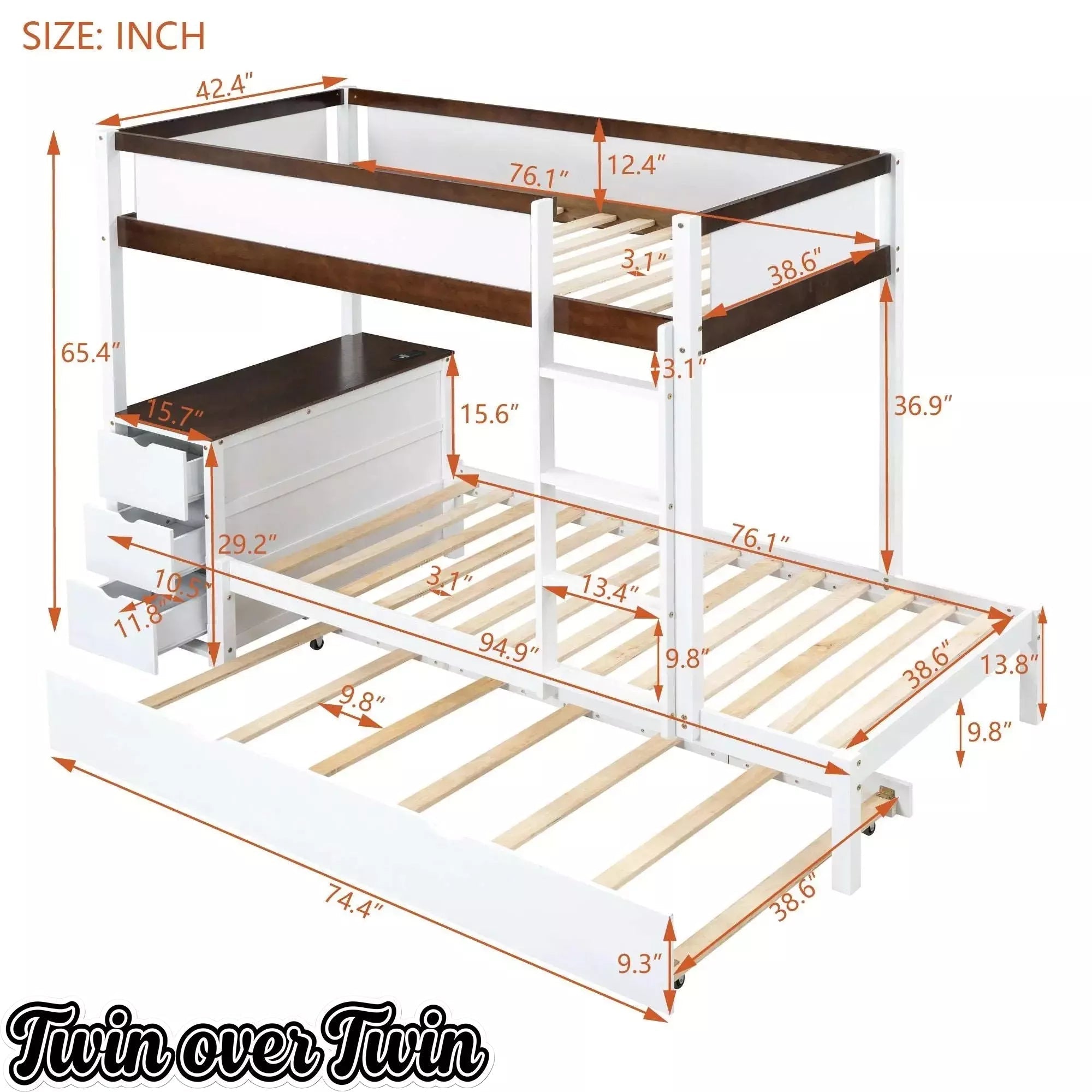 Bellemave® Full Over Full Bunk Bed with Twin Size Trundle, Wood Full Bunk Bed with USB Ports, Storage & Desk - Bellemave