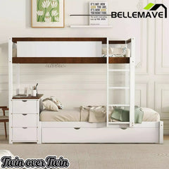 Bellemave® Full Over Full Bunk Bed with Twin Size Trundle, Wood Full Bunk Bed with USB Ports, Storage & Desk - Bellemave