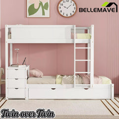 Bellemave® Full Over Full Bunk Bed with Twin Size Trundle, Wood Full Bunk Bed with USB Ports, Storage & Desk - Bellemave