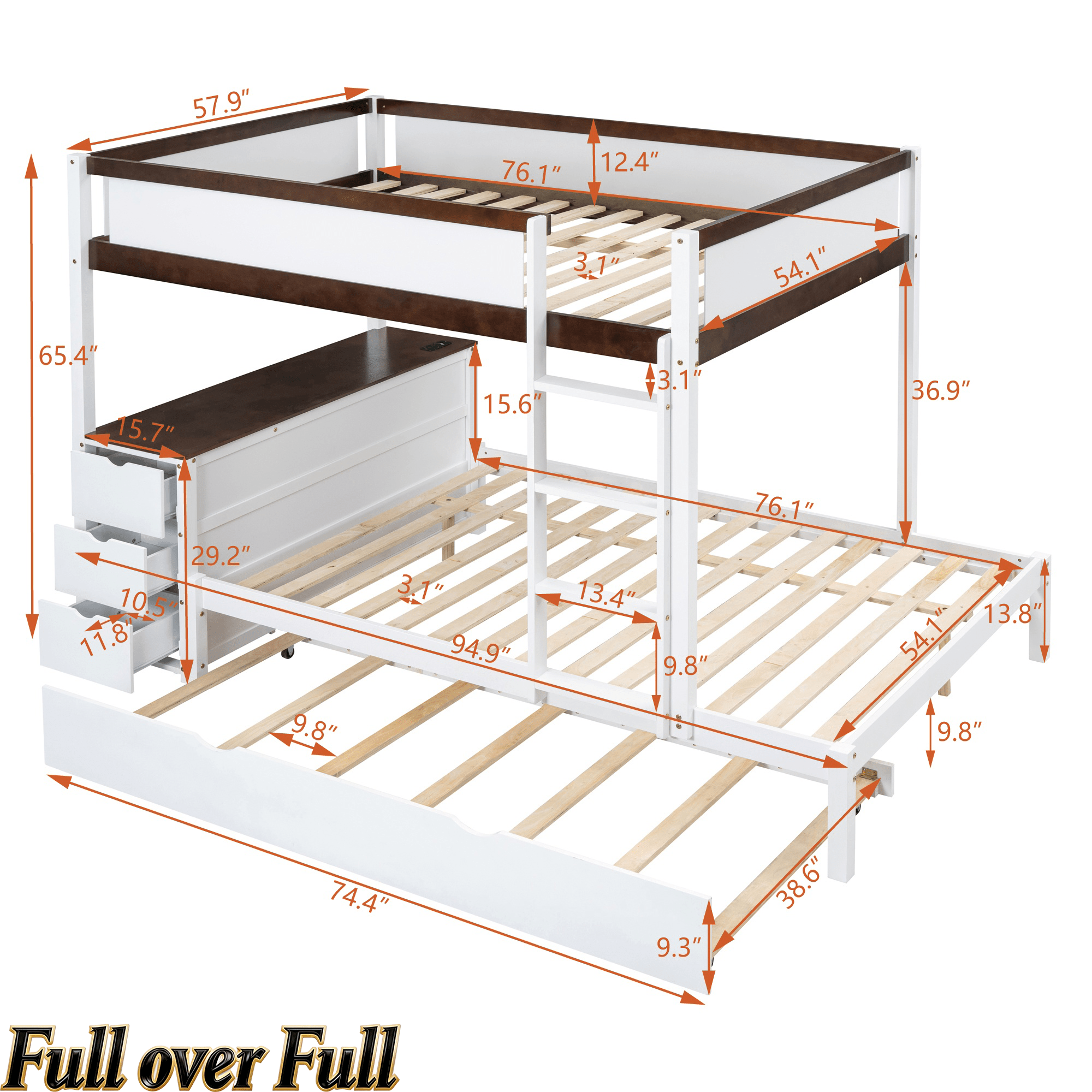 Bellemave® Full Over Full Bunk Bed with Twin Size Trundle, Wood Full Bunk Bed with USB Ports, Storage & Desk - Bellemave