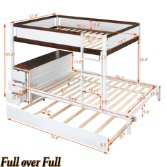 Bellemave® Full Over Full Bunk Bed with Twin Size Trundle, Wood Full Bunk Bed with USB Ports, Storage & Desk - Bellemave