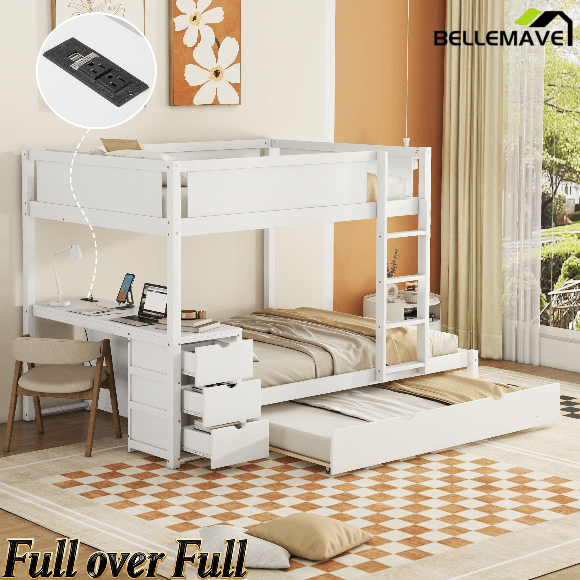 Bellemave® Full Over Full Bunk Bed with Twin Size Trundle, Wood Full Bunk Bed with USB Ports, Storage & Desk - Bellemave