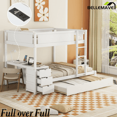Bellemave® Full Over Full Bunk Bed with Twin Size Trundle, Wood Full Bunk Bed with USB Ports, Storage & Desk - Bellemave