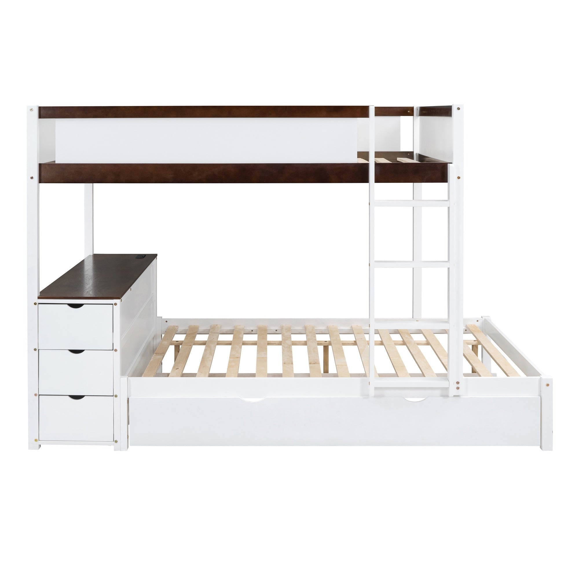 Bellemave® Full Over Full Bunk Bed with Twin Size Trundle, Wood Full Bunk Bed with USB Ports, Storage & Desk - Bellemave