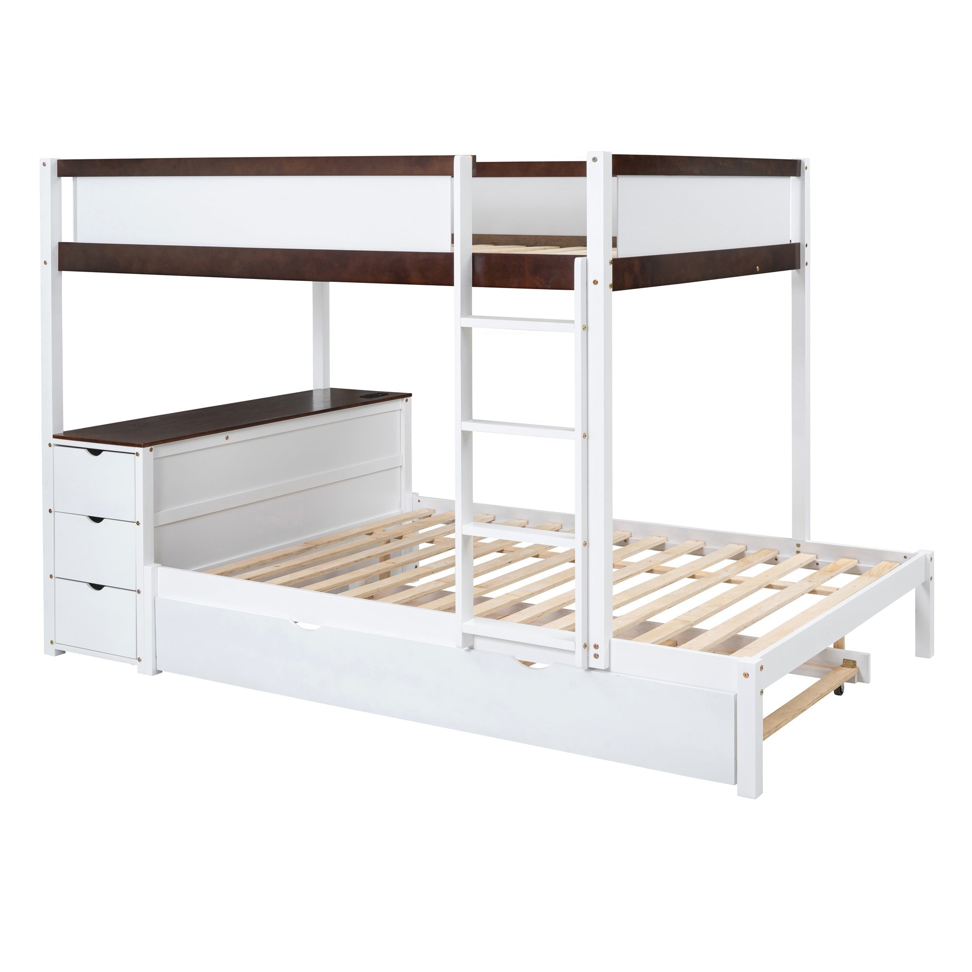 Bellemave® Full Over Full Bunk Bed with Twin Size Trundle, Wood Full Bunk Bed with USB Ports, Storage & Desk - Bellemave