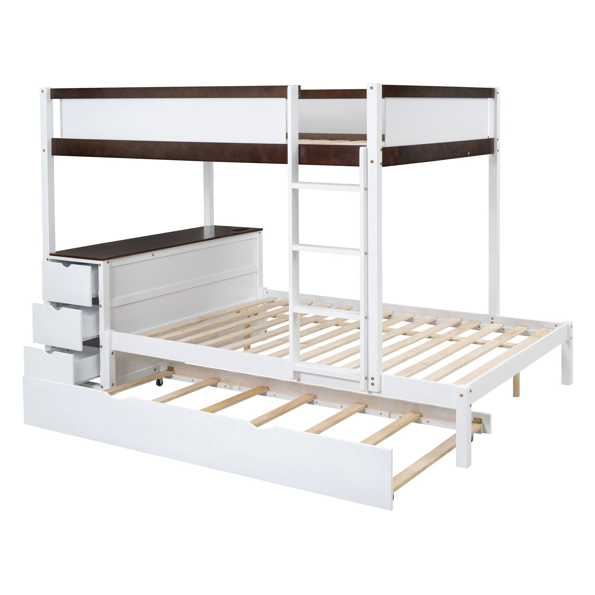 Bellemave® Full Over Full Bunk Bed with Twin Size Trundle, Wood Full Bunk Bed with USB Ports, Storage & Desk - Bellemave