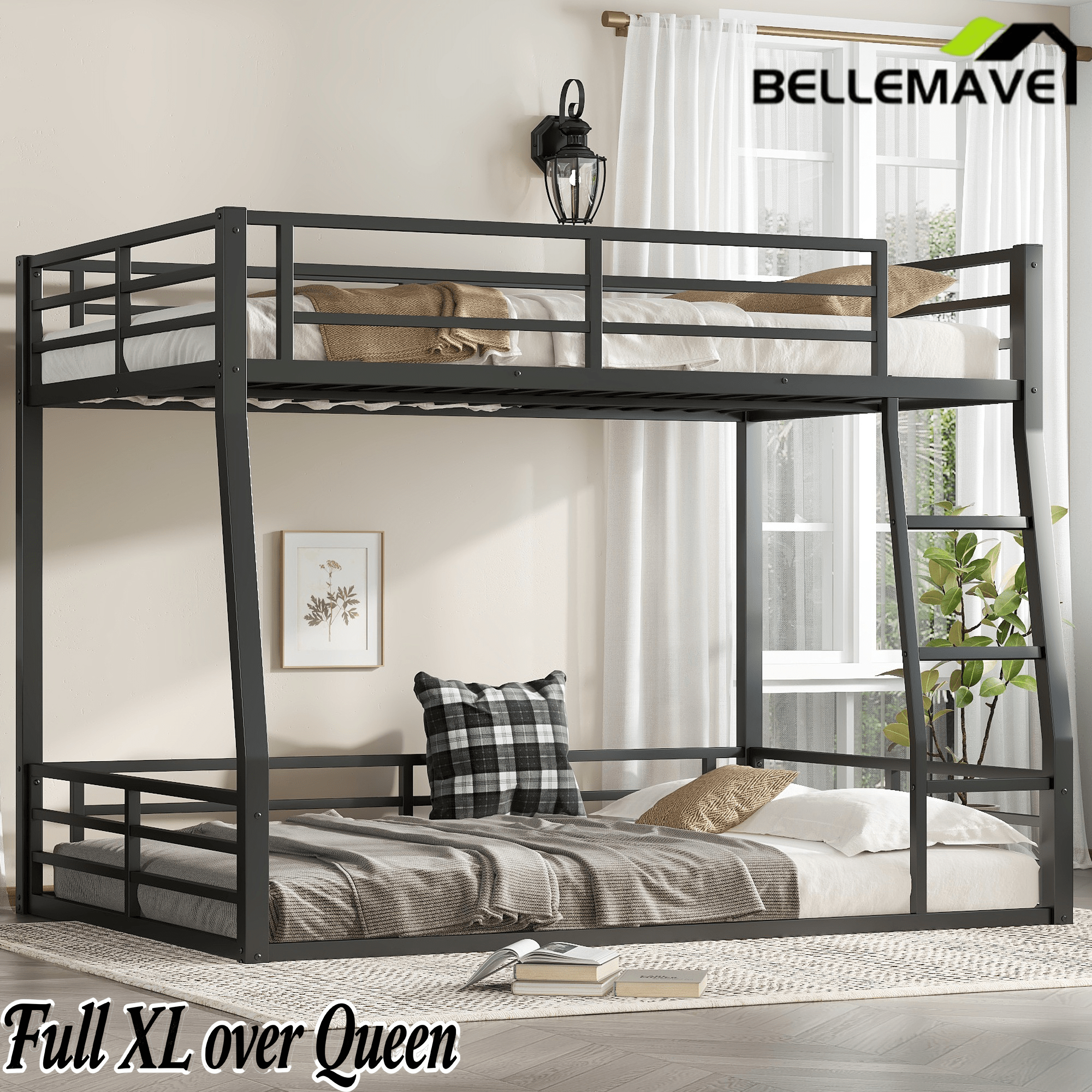 Bellemave® Full Over Full Floor Bunk Beds for Kids/Adults,Heavy Duty Metal Kids Bunk Beds Full Over Full,Noise Reduced Structure,Black - Bellemave