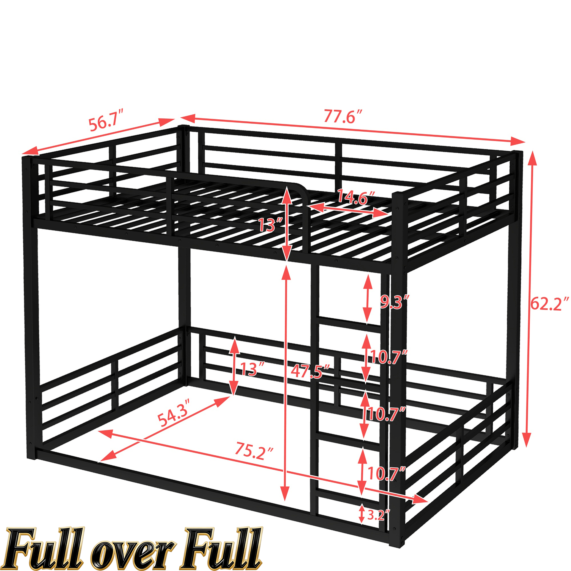 Bellemave® Full Over Full Floor Bunk Beds for Kids/Adults,Heavy Duty Metal Kids Bunk Beds Full Over Full,Noise Reduced Structure,Black - Bellemave