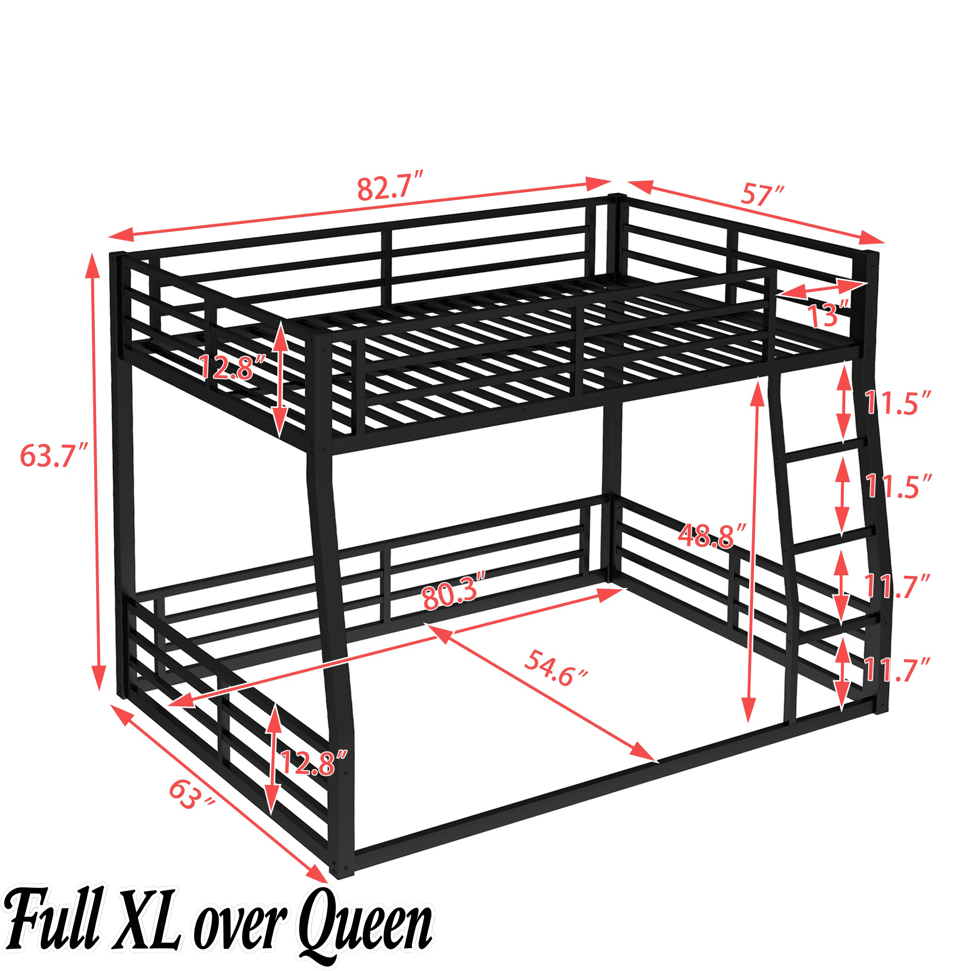 Bellemave® Full Over Full Floor Bunk Beds for Kids/Adults,Heavy Duty Metal Kids Bunk Beds Full Over Full,Noise Reduced Structure,Black - Bellemave