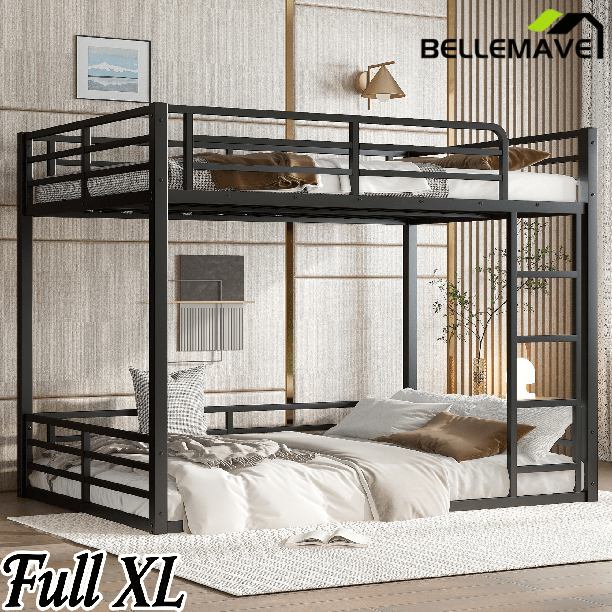 Bellemave® Full Over Full Floor Bunk Beds for Kids/Adults,Heavy Duty Metal Kids Bunk Beds Full Over Full,Noise Reduced Structure,Black - Bellemave