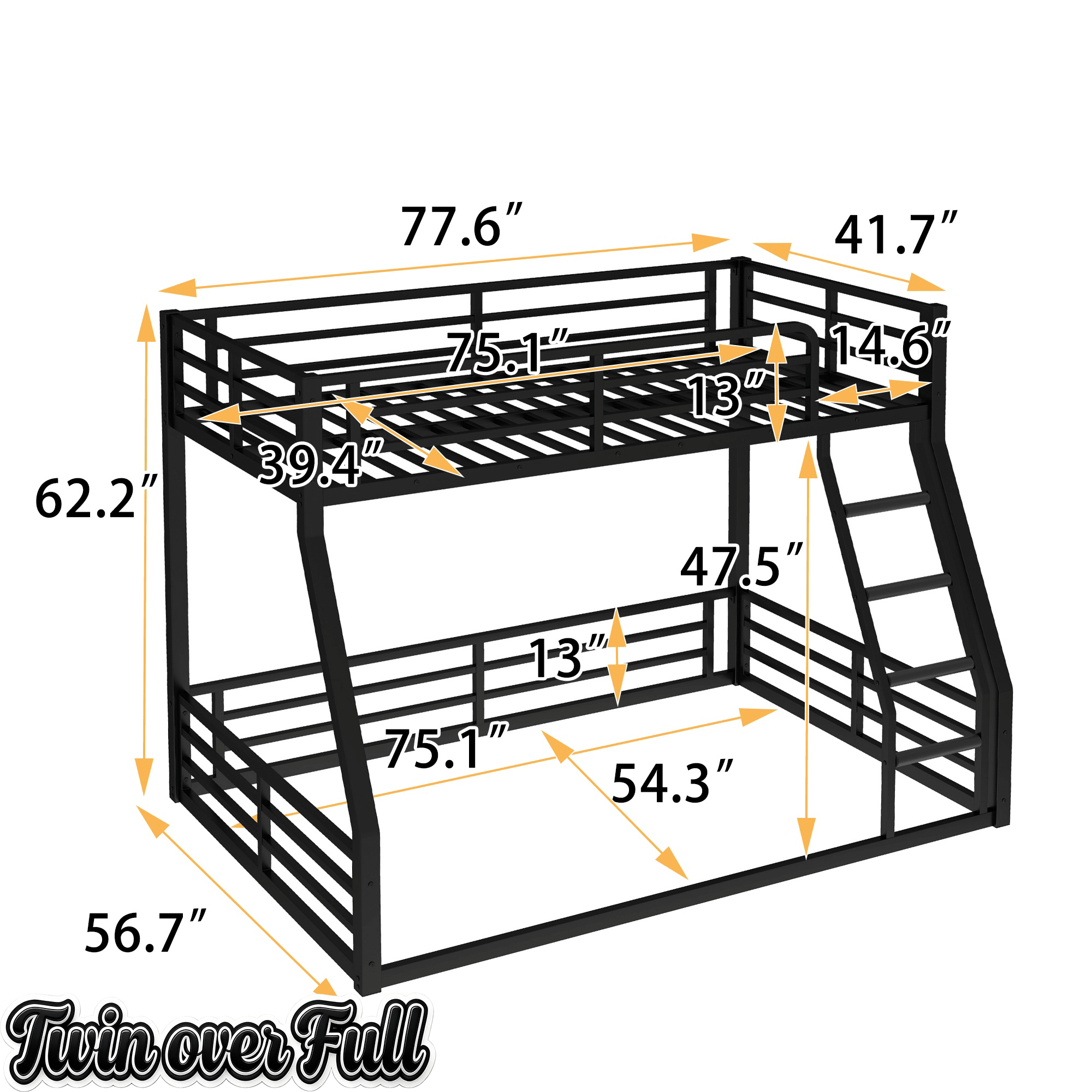 Bellemave® Full Over Full Floor Bunk Beds for Kids/Adults,Heavy Duty Metal Kids Bunk Beds Full Over Full,Noise Reduced Structure,Black - Bellemave