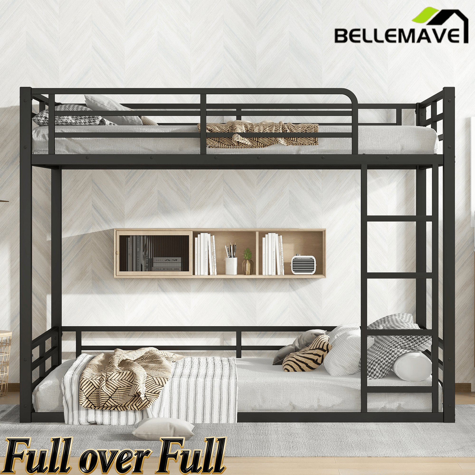 Bellemave® Full Over Full Floor Bunk Beds for Kids/Adults,Heavy Duty Metal Kids Bunk Beds Full Over Full,Noise Reduced Structure,Black - Bellemave