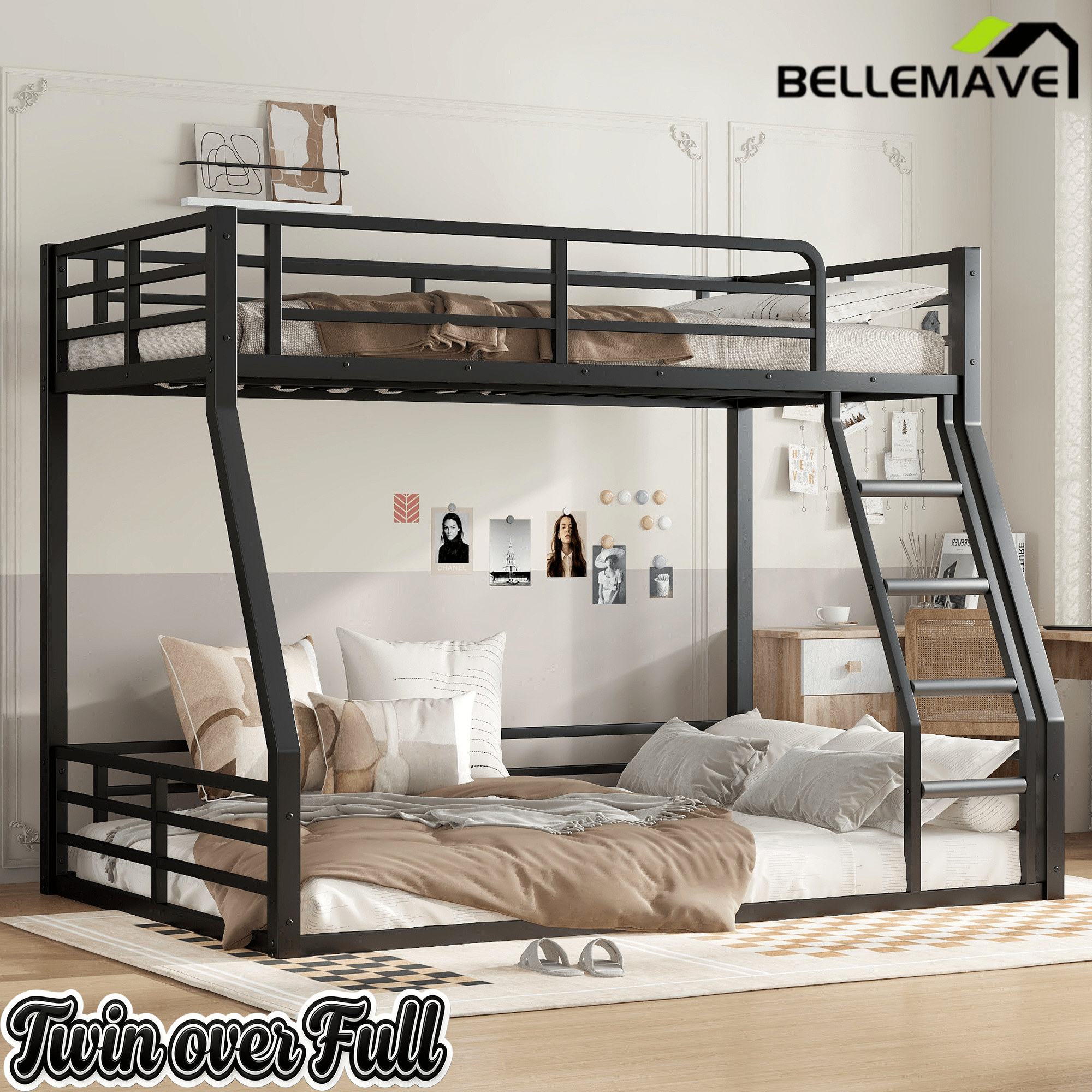 Bellemave® Full Over Full Floor Bunk Beds for Kids/Adults,Heavy Duty Metal Kids Bunk Beds Full Over Full,Noise Reduced Structure,Black - Bellemave