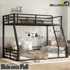 Bellemave® Full Over Full Floor Bunk Beds for Kids/Adults,Heavy Duty Metal Kids Bunk Beds Full Over Full,Noise Reduced Structure,Black - Bellemave