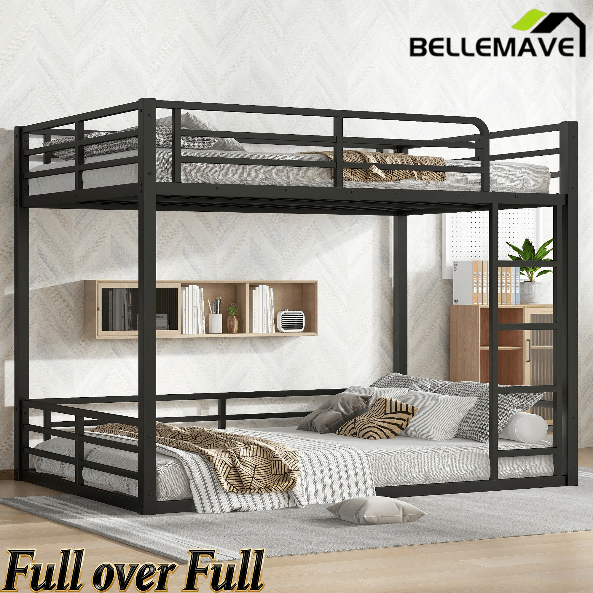 Bellemave® Full Over Full Floor Bunk Beds for Kids/Adults,Heavy Duty Metal Kids Bunk Beds Full Over Full,Noise Reduced Structure,Black - Bellemave