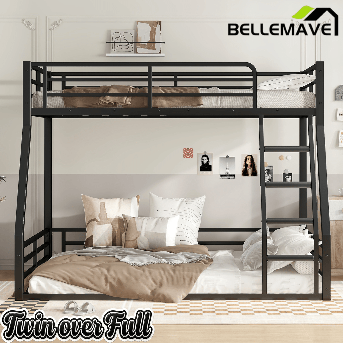 Bellemave® Full Over Full Floor Bunk Beds for Kids/Adults,Heavy Duty Metal Kids Bunk Beds Full Over Full,Noise Reduced Structure,Black - Bellemave
