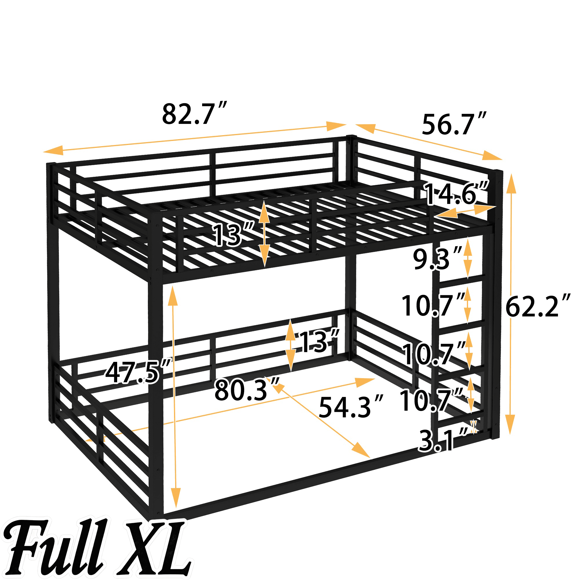 Bellemave® Full Over Full Floor Bunk Beds for Kids/Adults,Heavy Duty Metal Kids Bunk Beds Full Over Full,Noise Reduced Structure,Black - Bellemave