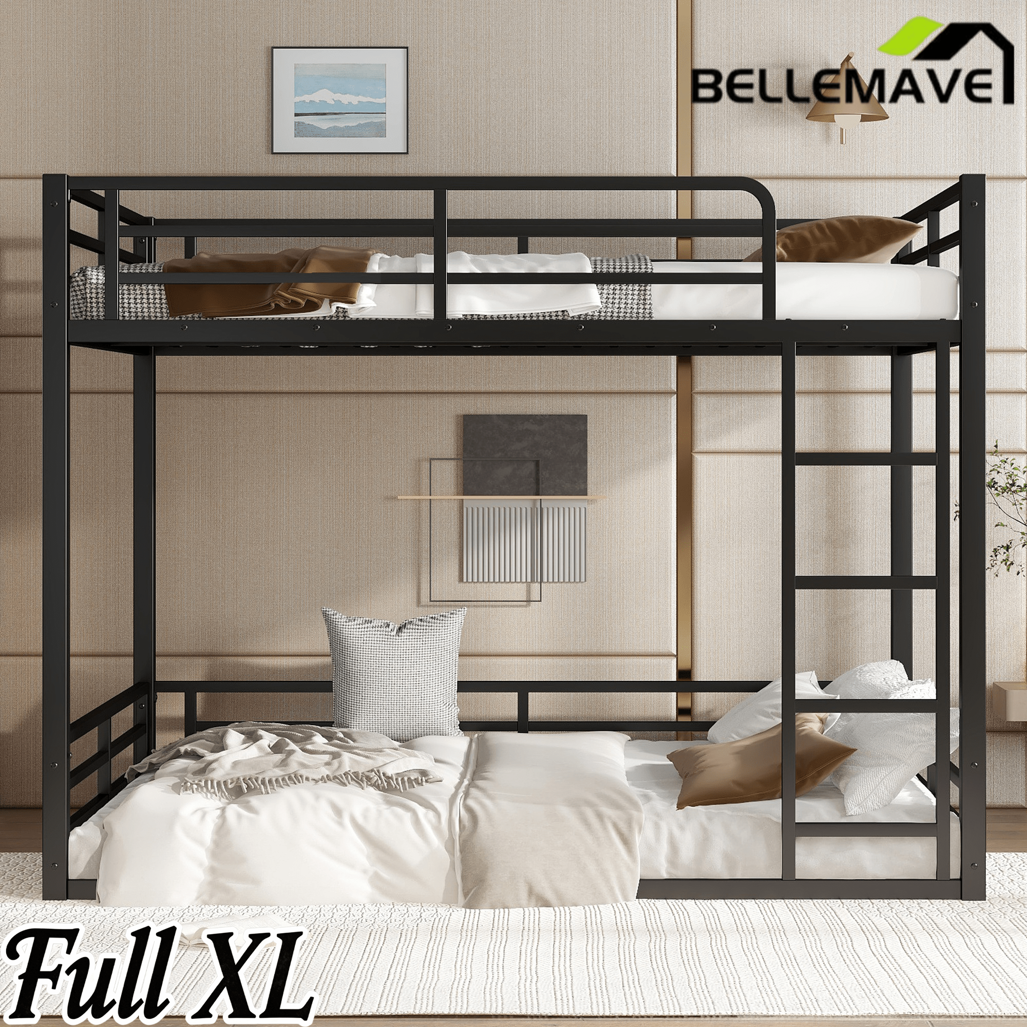 Bellemave® Full Over Full Floor Bunk Beds for Kids/Adults,Heavy Duty Metal Kids Bunk Beds Full Over Full,Noise Reduced Structure,Black - Bellemave