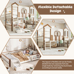 Bellemave® Full over Full House Bunk Bed with Storage - Solid Wood House Bed with Roof, Windows & Drawers for Kids, Detachable Design - Bellemave
