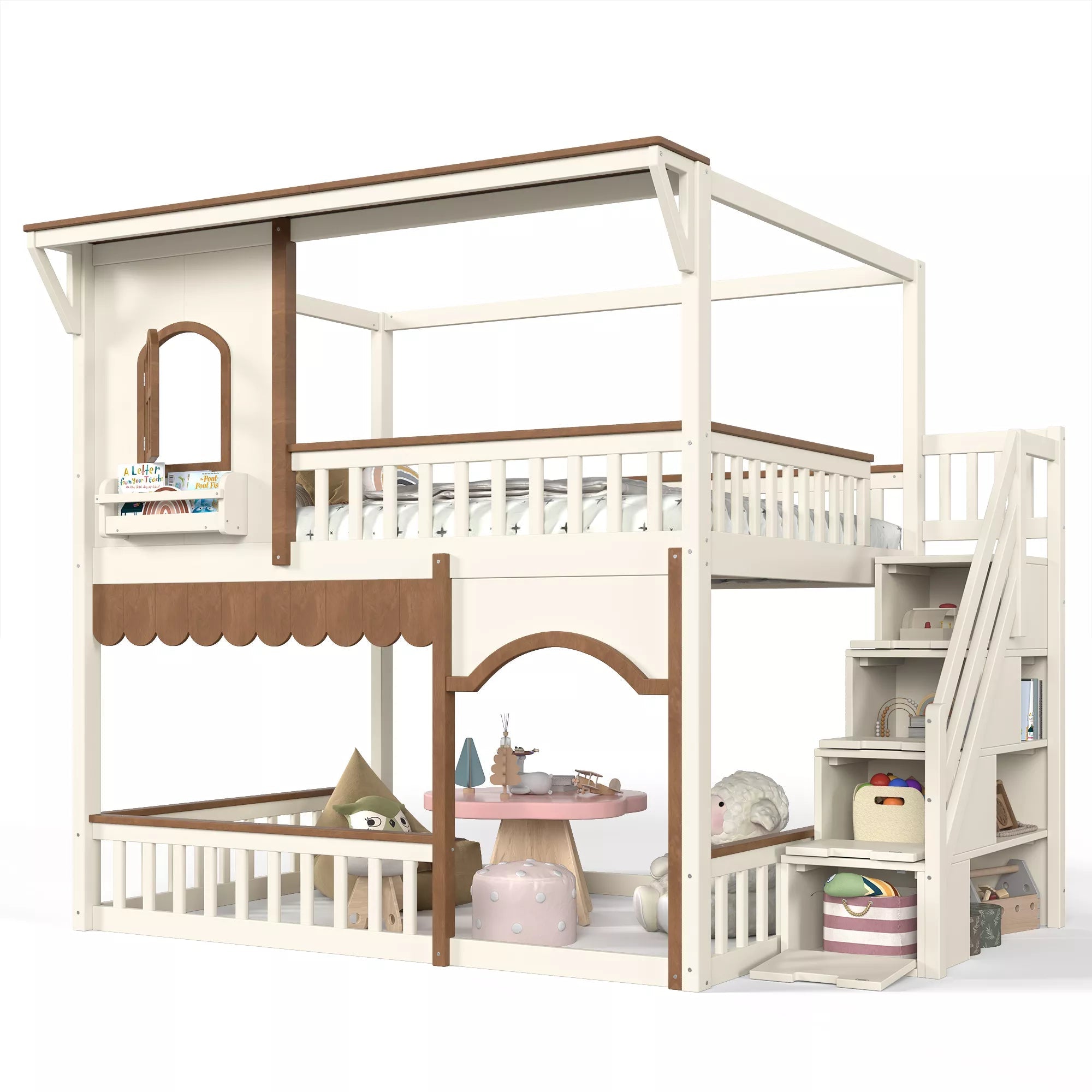 Bellemave® Full over Full House Bunk Bed with Storage Stairs, Solid Wood Kids Bunk Bed with Play Space - Bellemave