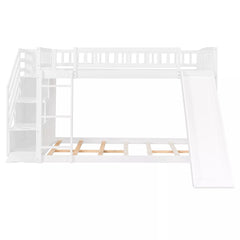 Bellemave® Full over Full Size Bunk Bed with Slide & Storage Stairs for Kids | Solid Wood Low Bunk with Safety Guardrails, No Box Spring, White - Bellemave
