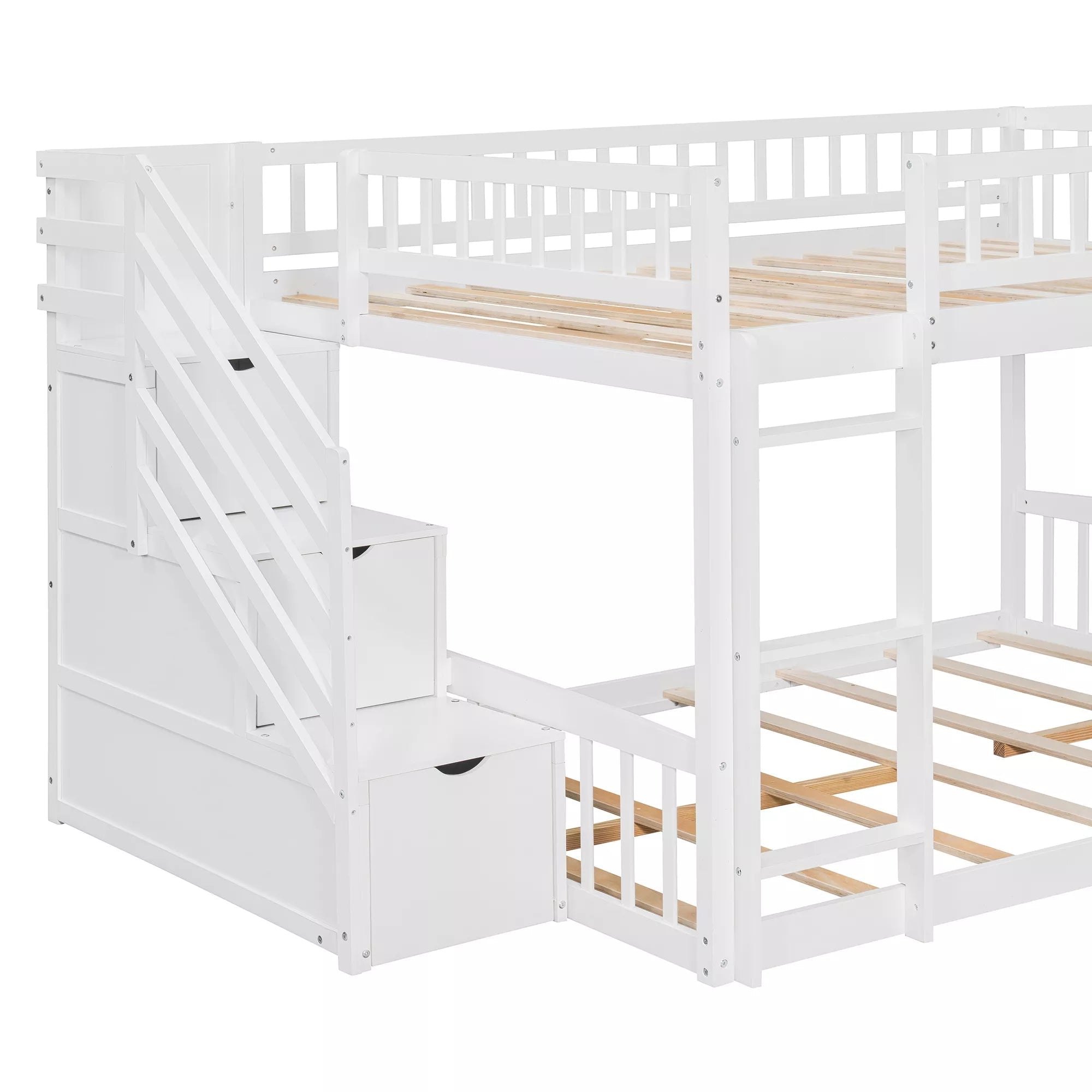 Bellemave® Full over Full Size Bunk Bed with Slide & Storage Stairs for Kids | Solid Wood Low Bunk with Safety Guardrails, No Box Spring, White - Bellemave