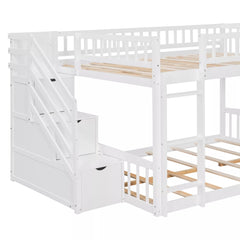 Bellemave® Full over Full Size Bunk Bed with Slide & Storage Stairs for Kids | Solid Wood Low Bunk with Safety Guardrails, No Box Spring, White - Bellemave