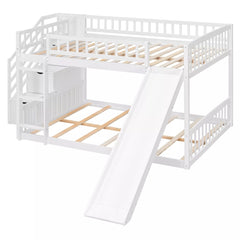 Bellemave® Full over Full Size Bunk Bed with Slide & Storage Stairs for Kids | Solid Wood Low Bunk with Safety Guardrails, No Box Spring, White - Bellemave