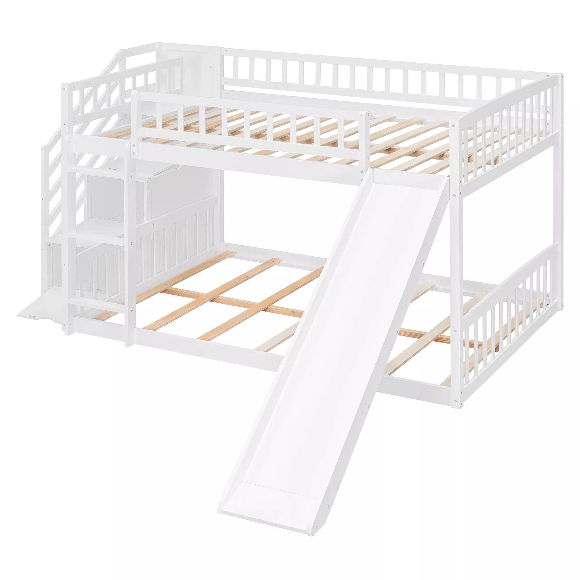 Bellemave® Full over Full Size Bunk Bed with Slide & Storage Stairs for Kids | Solid Wood Low Bunk with Safety Guardrails, No Box Spring, White - Bellemave