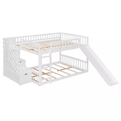 Bellemave® Full over Full Size Bunk Bed with Slide & Storage Stairs for Kids | Solid Wood Low Bunk with Safety Guardrails, No Box Spring, White - Bellemave