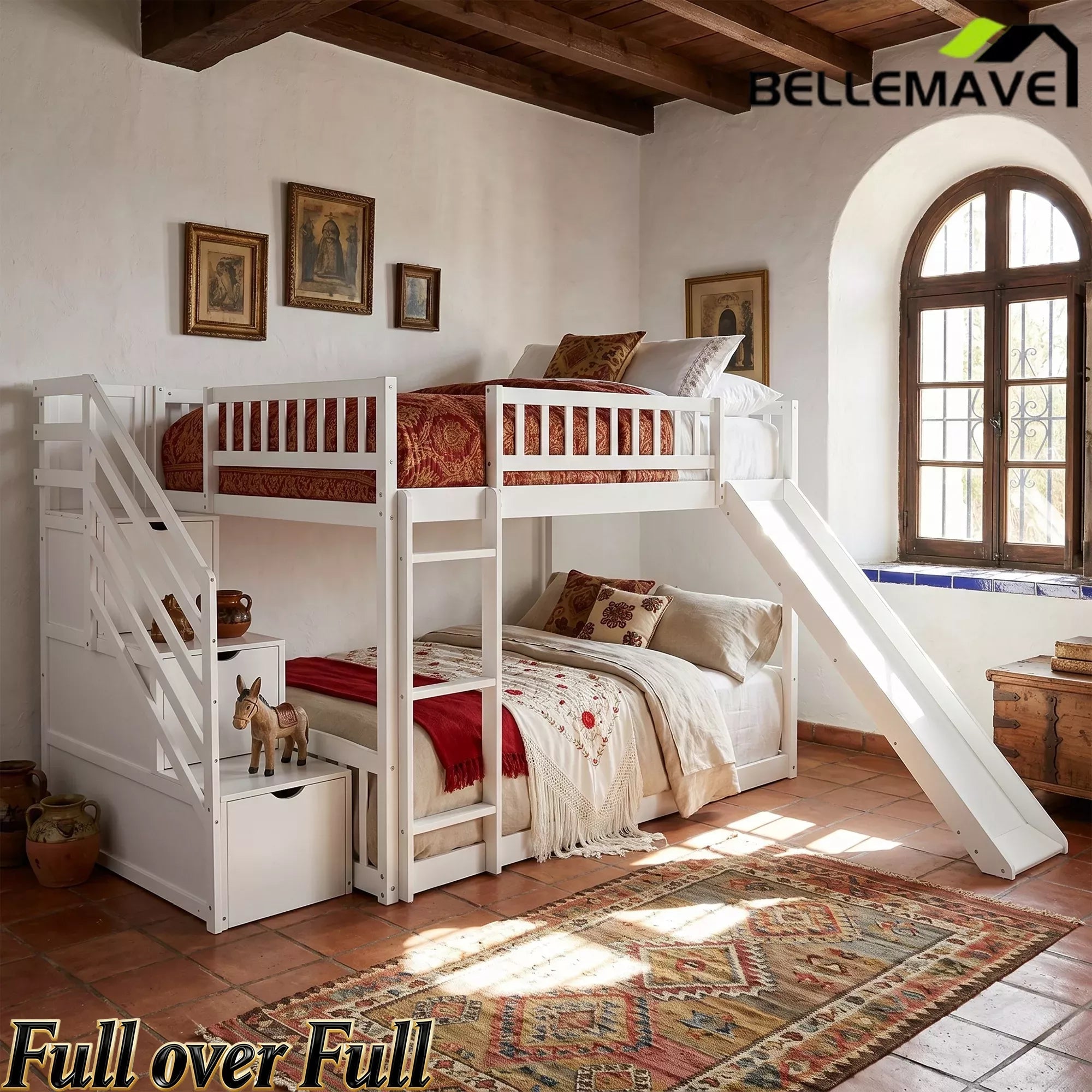 Bellemave® Full over Full Size Bunk Bed with Slide & Storage Stairs for Kids | Solid Wood Low Bunk with Safety Guardrails, No Box Spring, White - Bellemave