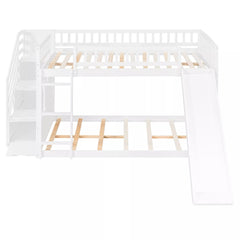 Bellemave® Full over Full Size Bunk Bed with Slide & Storage Stairs for Kids | Solid Wood Low Bunk with Safety Guardrails, No Box Spring, White - Bellemave