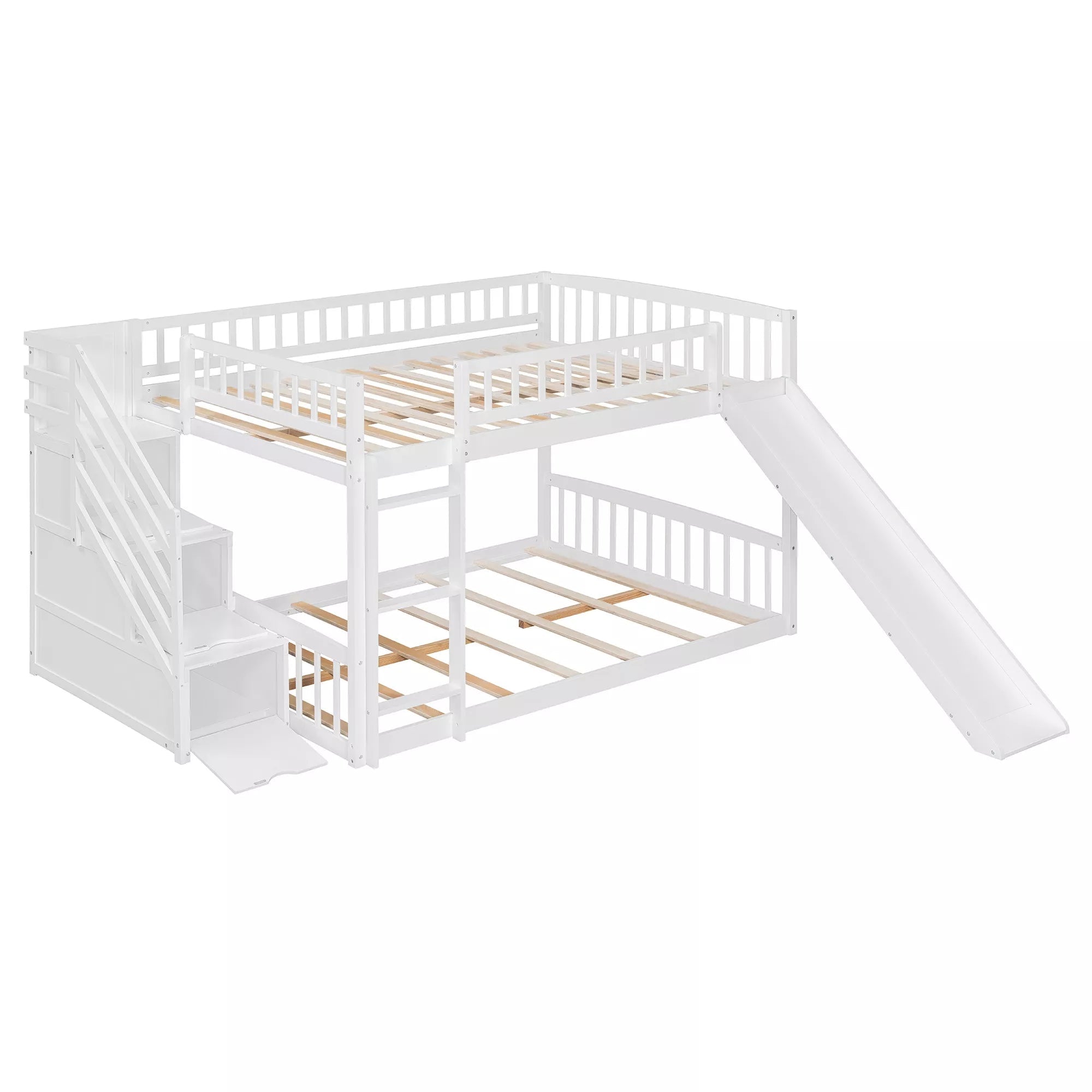 Bellemave® Full over Full Size Bunk Bed with Slide & Storage Stairs for Kids | Solid Wood Low Bunk with Safety Guardrails, No Box Spring, White - Bellemave