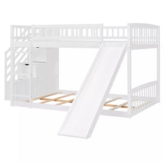 Bellemave® Full over Full Size Bunk Bed with Slide & Storage Stairs for Kids | Solid Wood Low Bunk with Safety Guardrails, No Box Spring, White - Bellemave