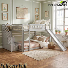 Bellemave® Full over Full Size Bunk Bed with Slide & Storage Stairs for Kids | Solid Wood Low Bunk with Safety Guardrails, No Box Spring, White - Bellemave