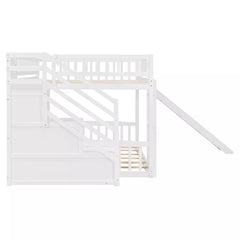 Bellemave® Full over Full Size Bunk Bed with Slide & Storage Stairs for Kids | Solid Wood Low Bunk with Safety Guardrails, No Box Spring, White - Bellemave