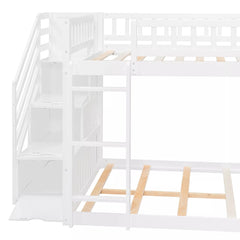 Bellemave® Full over Full Size Bunk Bed with Slide & Storage Stairs for Kids | Solid Wood Low Bunk with Safety Guardrails, No Box Spring, White - Bellemave
