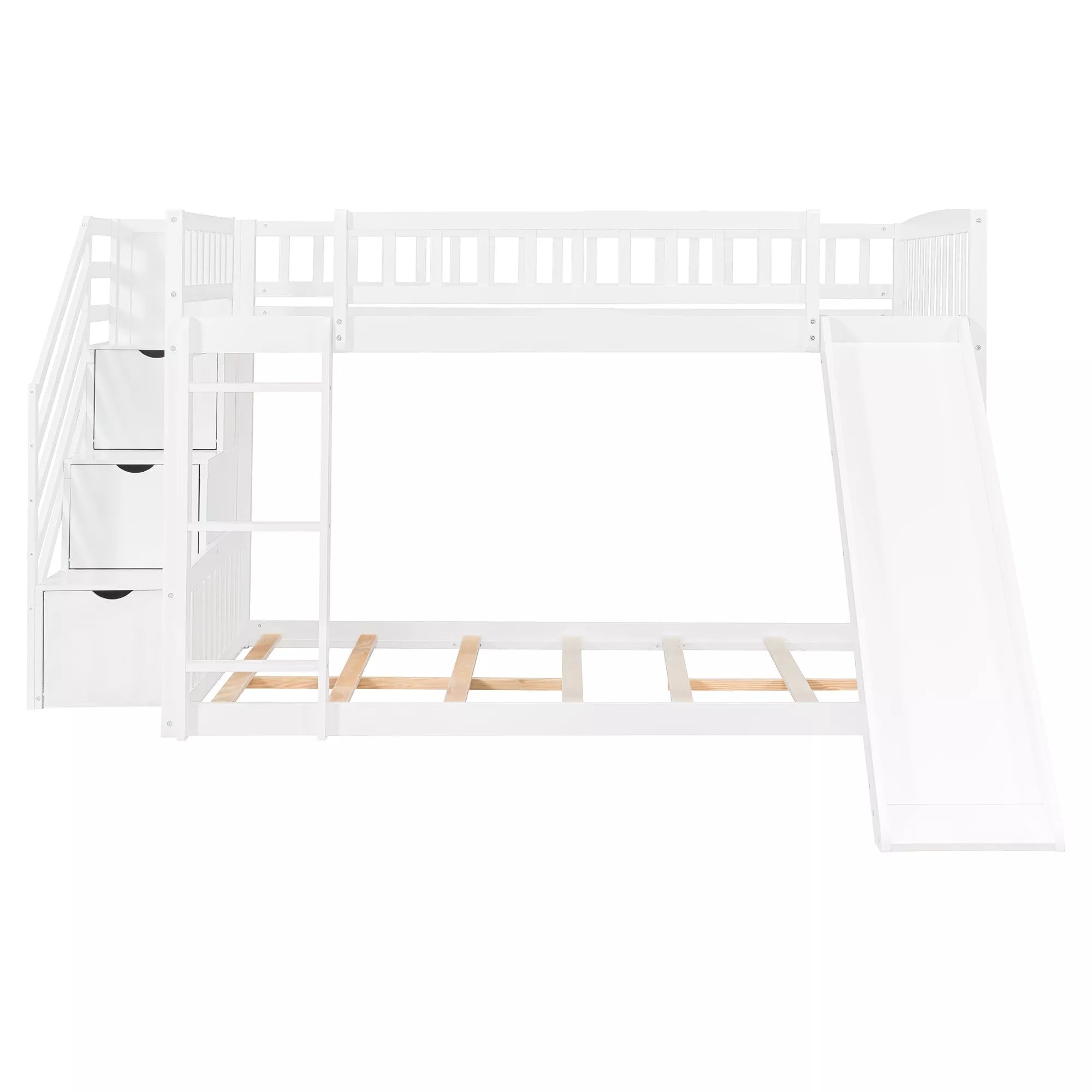 Bellemave® Full over Full Size Bunk Bed with Slide & Storage Stairs for Kids | Solid Wood Low Bunk with Safety Guardrails, No Box Spring, White - Bellemave
